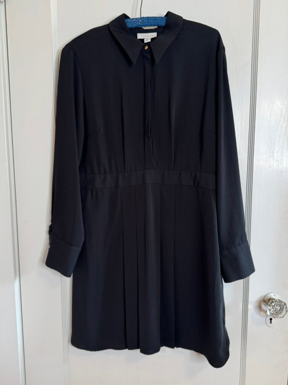 Topshop Black Pleated Long Sleeve Collar Mini Shirt Dress sz 12